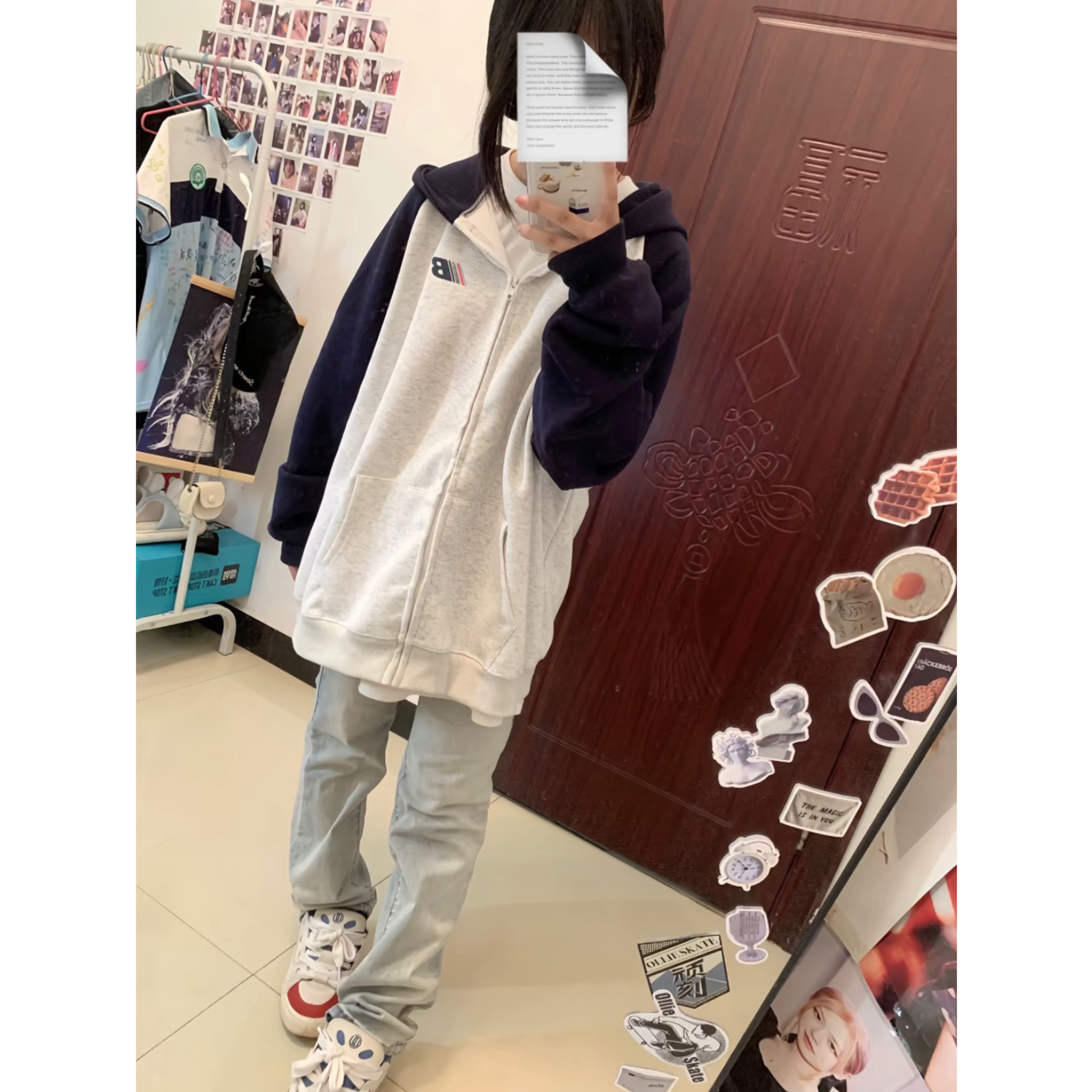 美式插肩袖连帽卫衣慵懒chic