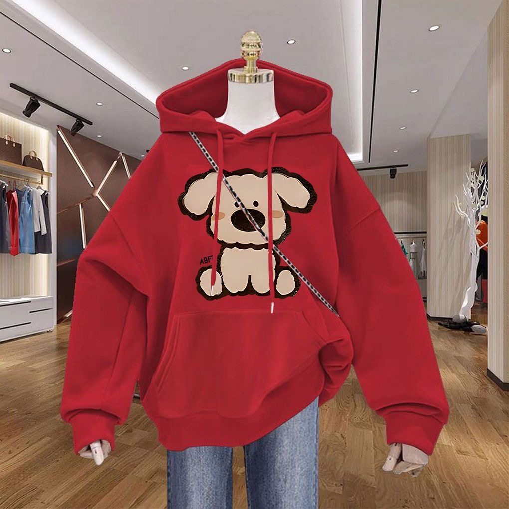 卡通小狗印花连帽卫衣女设计感宽松红色加绒休闲套头上衣外套ins
