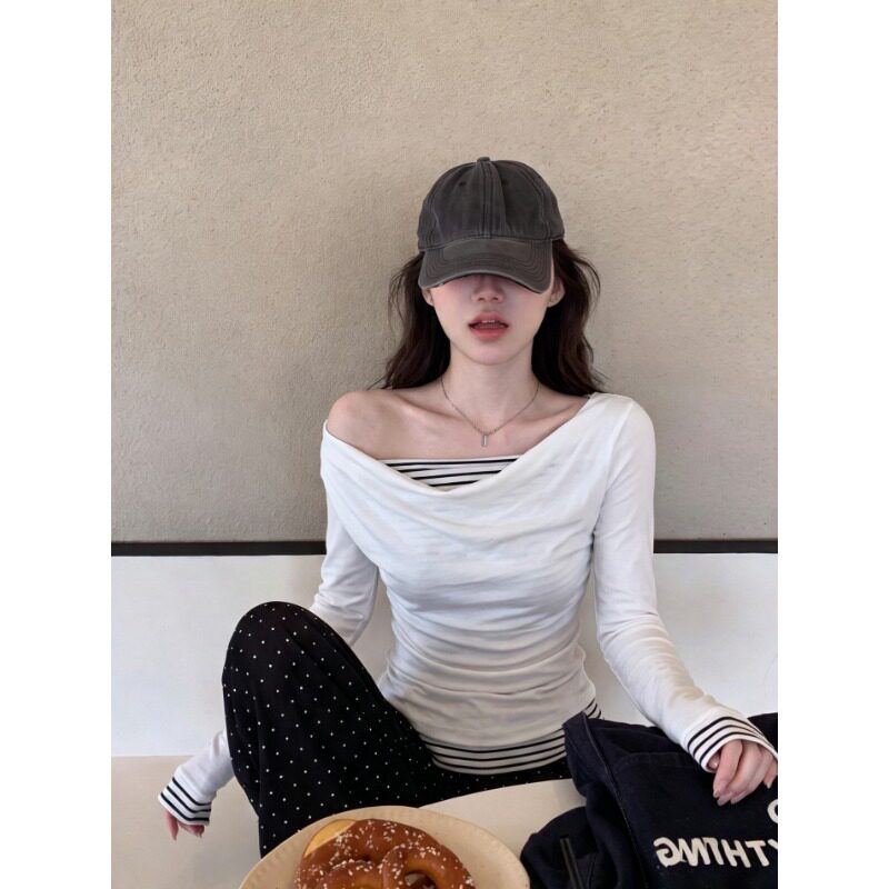 白色荡领条纹假两件长袖t恤女春秋韩系修身显瘦设计感小个子上衣