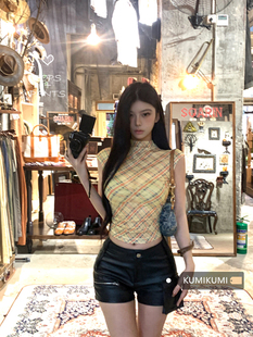 上衣女夏季 美式 露脐设计感修身 半高领格纹短袖 T恤御姐辣妹风短款