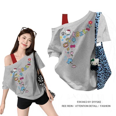 美式卡通印花斜肩短袖T恤女夏季小众宽松显瘦假两件设计感上衣潮