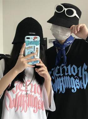 夏季港风中袖t恤男女宽松大码情侣装oversize嘻哈ins潮牌短袖上衣