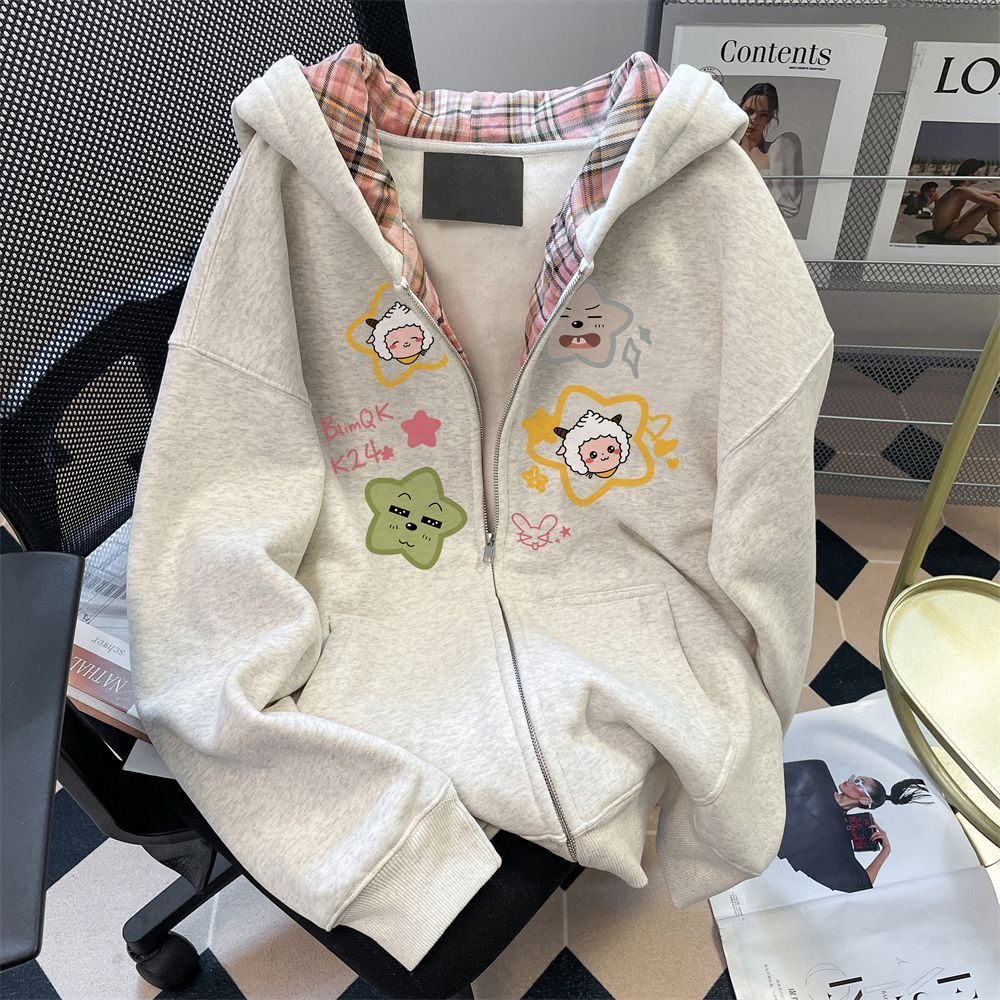 美式卡通格子拼接连帽卫衣女秋冬加绒厚款慵懒风宽松超好看外套潮