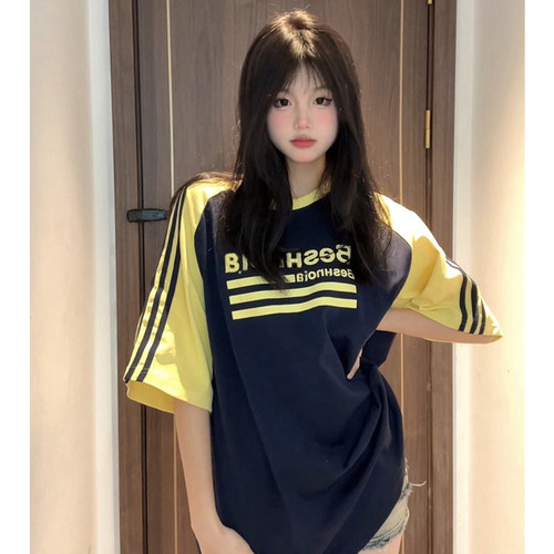 撞色三条杠短袖t恤小众宽松