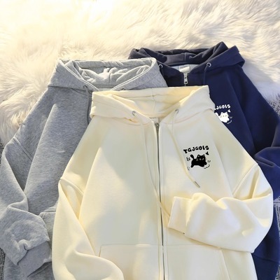 小众卡通印花连帽卫衣女秋冬加绒2025新款慵懒风宽松开衫外套ins
