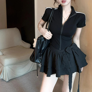 复古甜辣条纹立领短袖 新款 美式 T恤夏季 辣妹上衣 修身 显瘦拉链短款