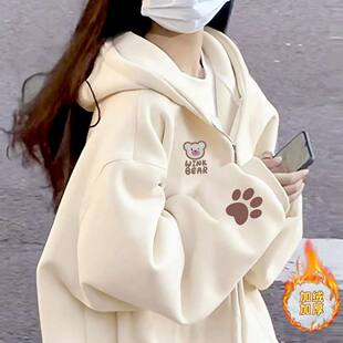 韩版卡通小熊印花连帽开衫卫衣女秋冬加绒小众设计感宽松百搭外套