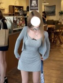 披肩辣妹显瘦包臀短裙 纯欲开衫 灰色波点吊带连衣裙女夏季 2024新款