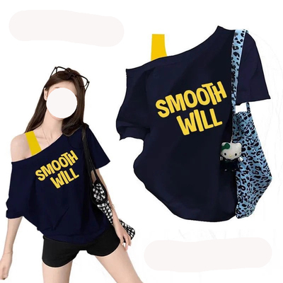 美式辣妹斜肩字母印花短袖T恤女宽松显瘦小众设计性感露肩上衣潮