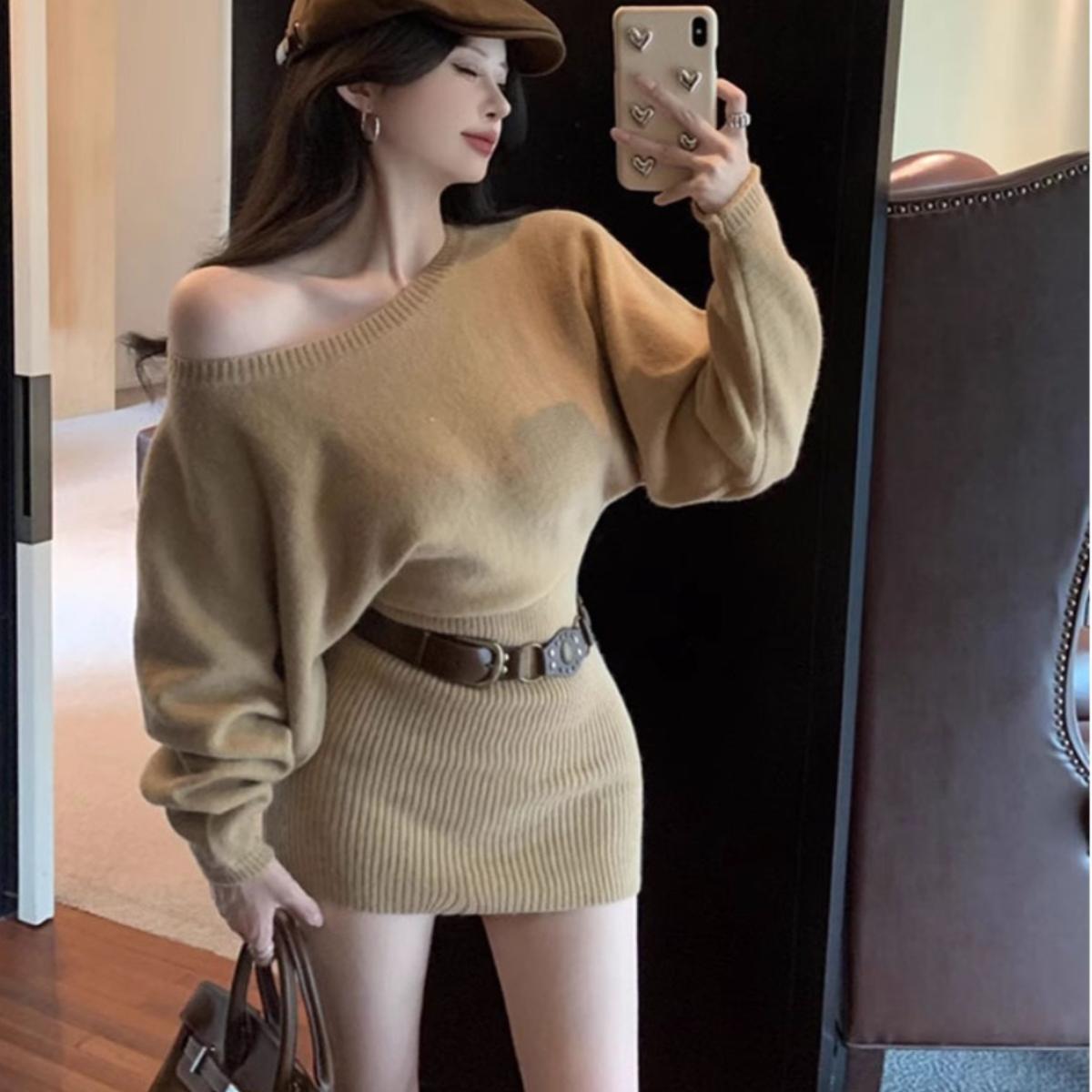 甜辣风御姐名媛包臀裙女春秋新款收腰显瘦斜肩氛围感纯欲连衣裙子