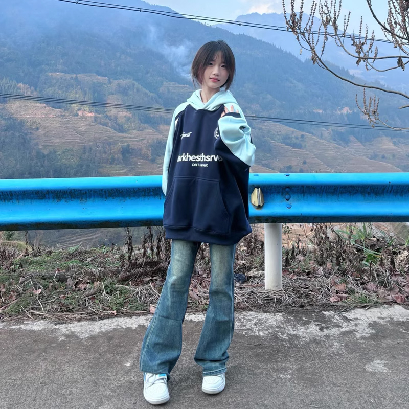 美式慵懒chic设计感卫衣女设计感oversize秋冬款加绒撞色插肩外套