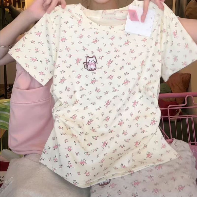 甜美猫咪印花短袖T恤女2024夏季新款碎花韩版修身显瘦遮肉上衣ins