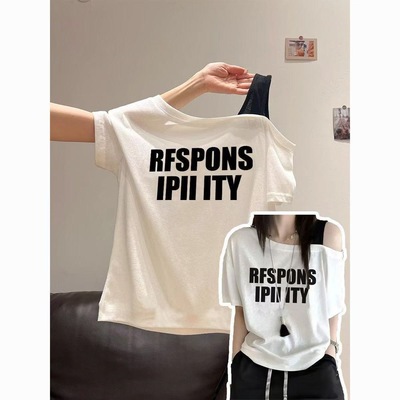 韩系字母印花斜肩露肩假两件短袖T恤女夏季高级感休闲宽松ins上衣