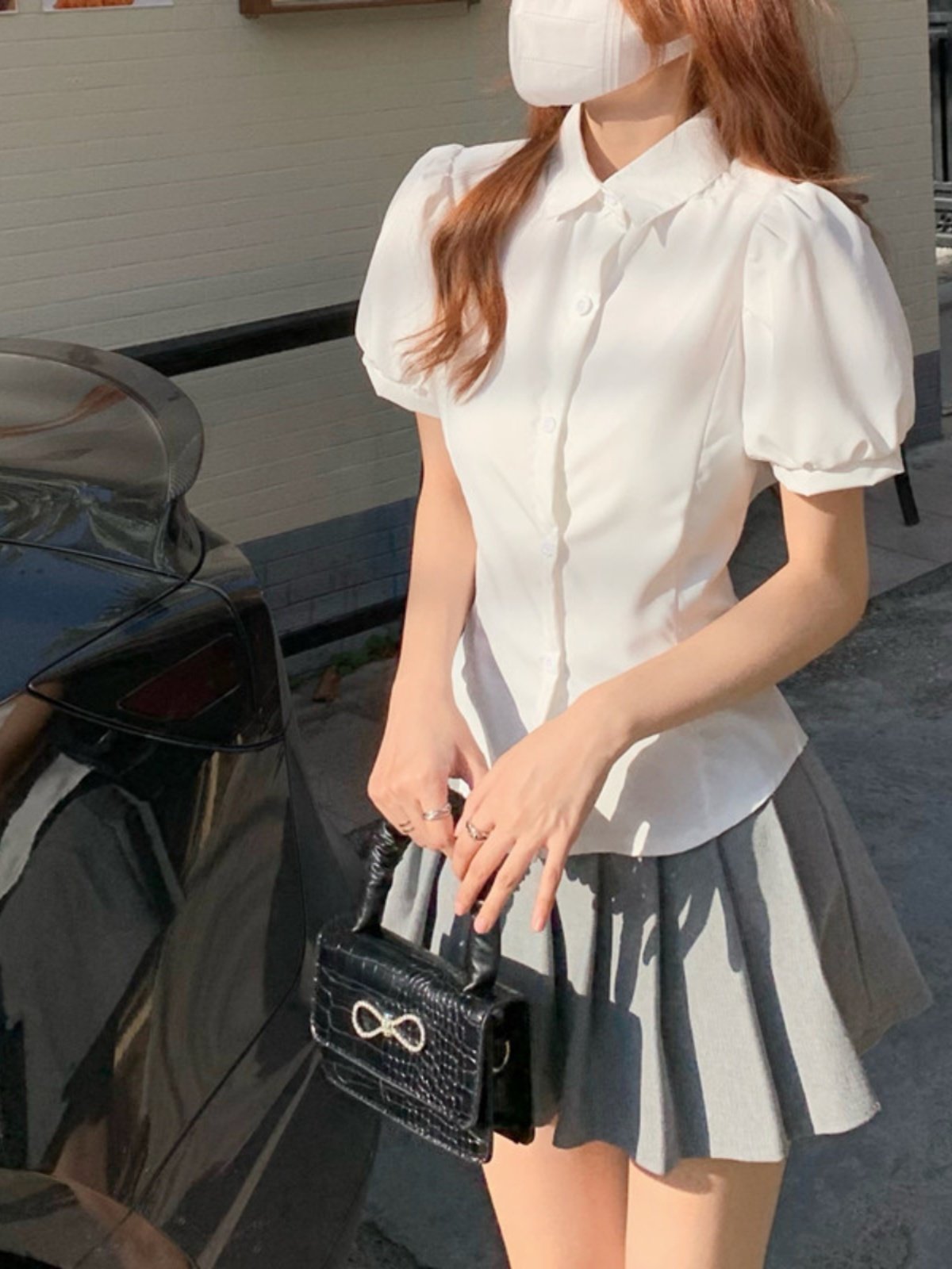 2024新款泡泡袖polo领白色衬衫女夏季设计感后背绑带收腰显瘦上衣图片
