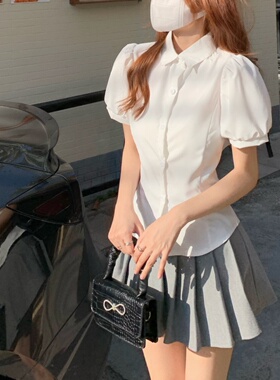 2024新款泡泡袖polo领白色衬衫女夏季设计感后背绑带收腰显瘦上衣