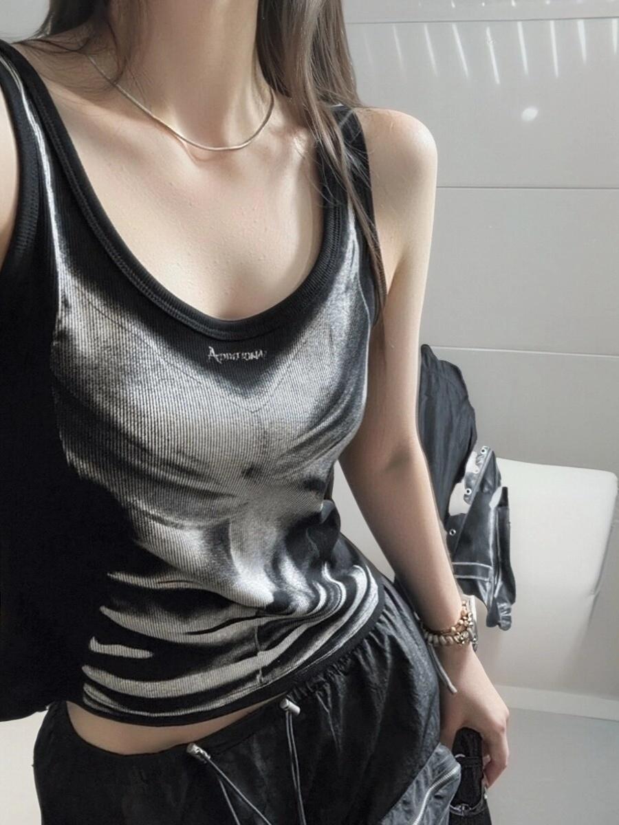 美式辣妹撞色印花U领背心女夏季设计感修身短款纯欲风打底上衣ins