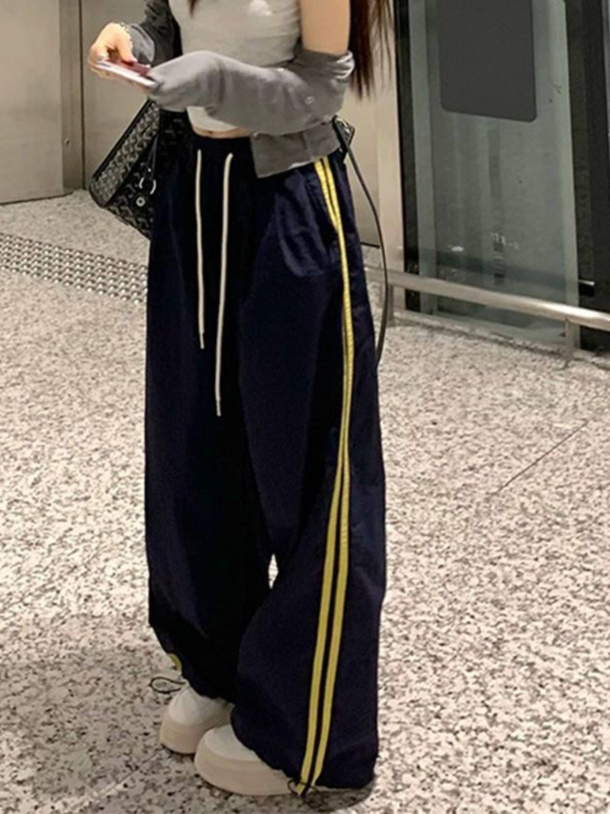 美式运动拼接条纹休闲裤女夏季松紧腰宽松小个子辣妹束脚阔腿裤子