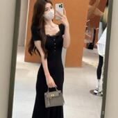 显瘦方领蕾丝拼接气质连衣裙 修身 法式 赫本风御姐包臀长裙女夏新款