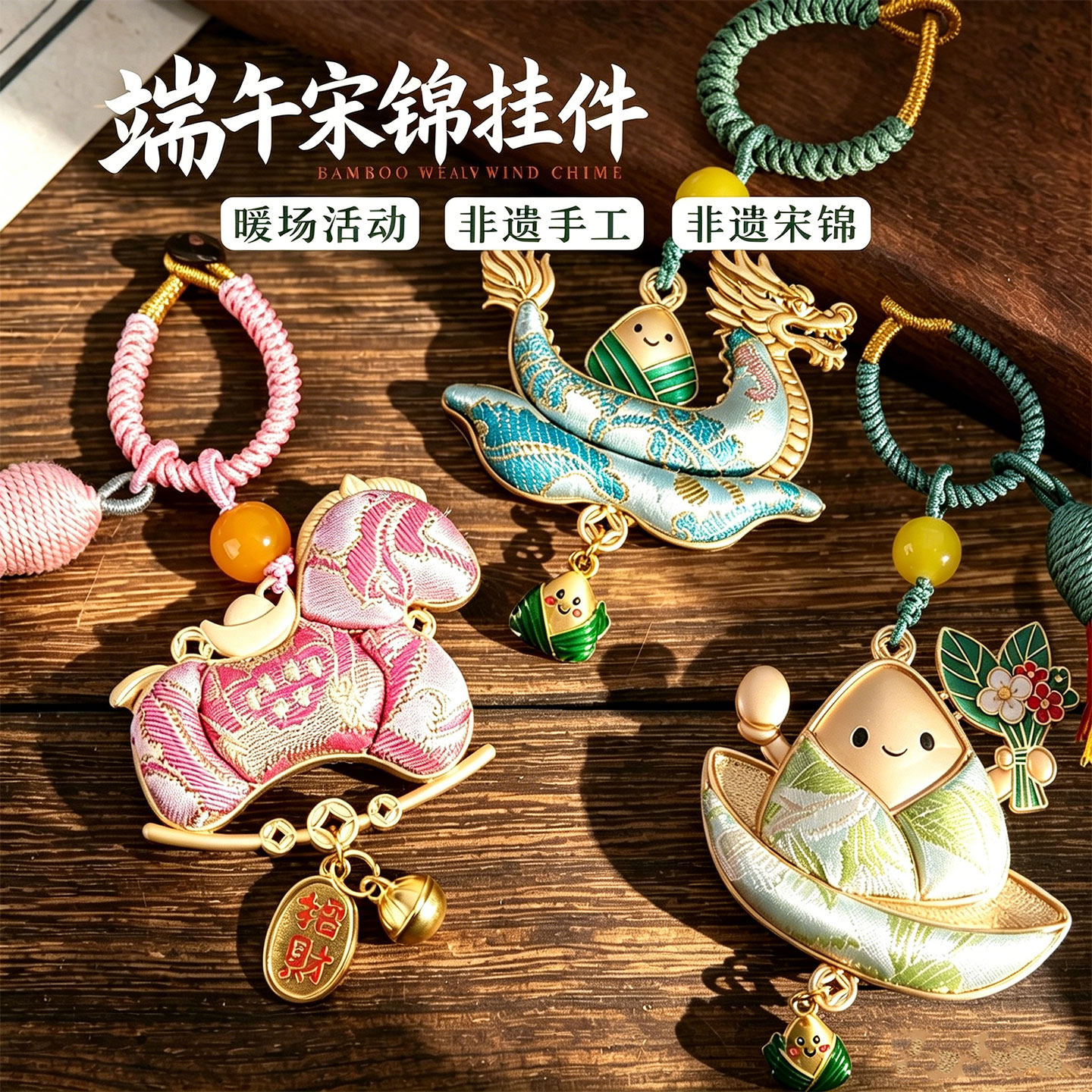 非遗宋锦粽子龙舟挂件端午节diy材料包手工织锦小马吊坠挂饰配件
