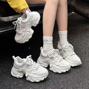 厚底透气网面鞋女2026春季新款真皮松糕老爹鞋女轻便运动休闲女鞋