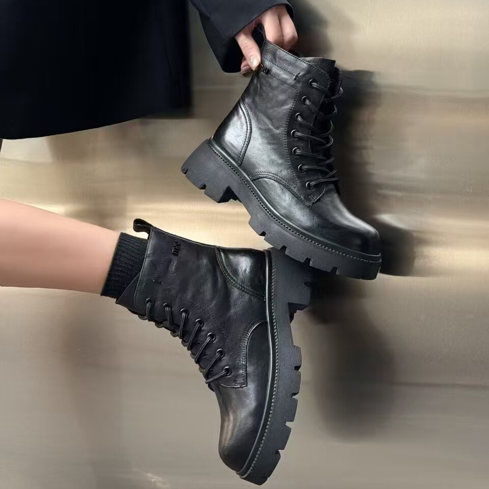渊博粗跟真皮短靴厚底马丁靴加绒