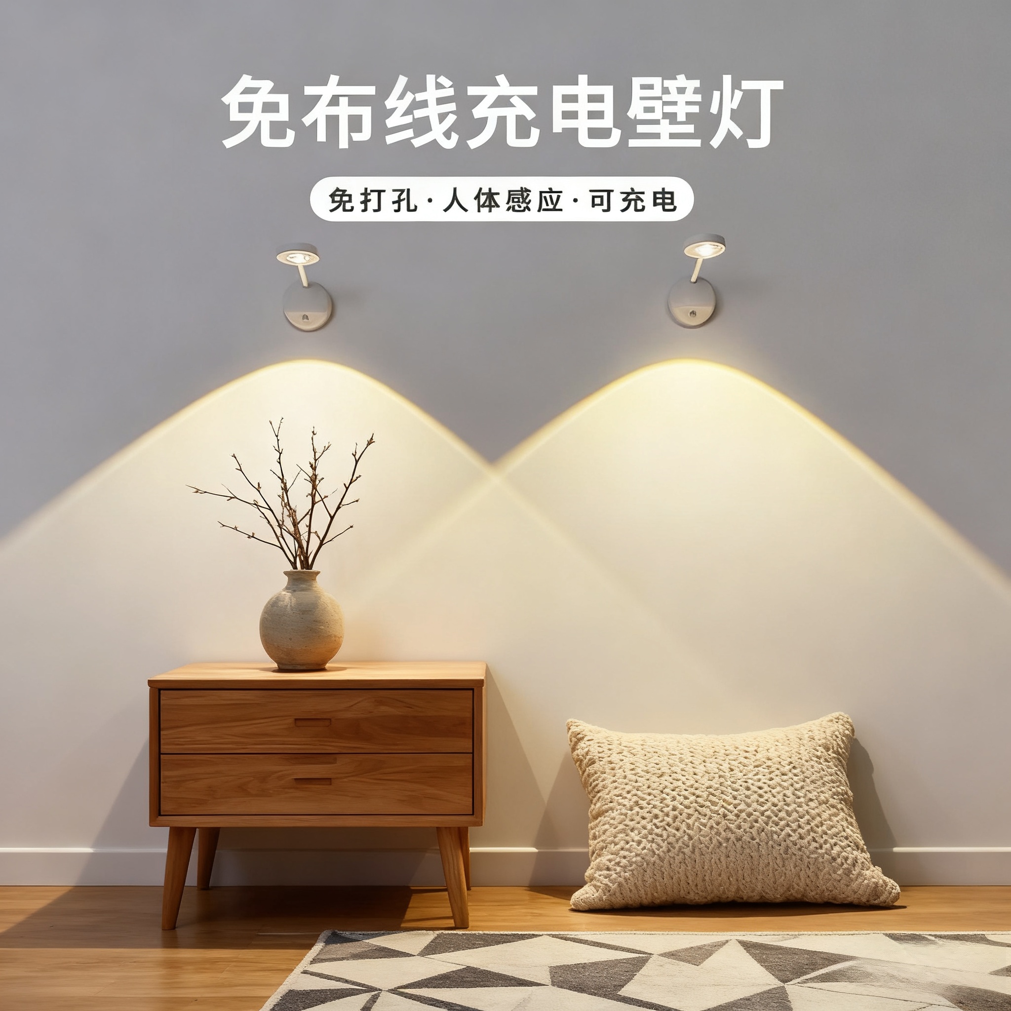 壁灯墙灯免接线免打孔免布线贴墙面美容背景氛围高级感应充电射灯
