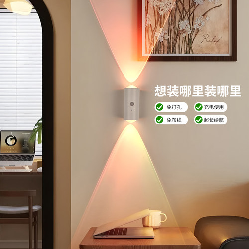 猫眼充电壁灯墙灯卧室2025新款免布线免打孔人体感应氛围磁吸射灯