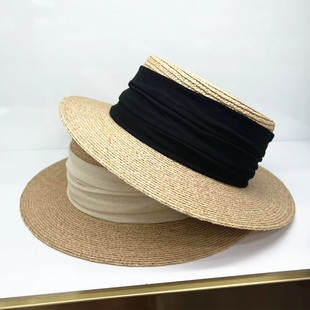 华巧春夏复古拉菲草平顶草帽女英伦礼帽宽檐褶皱装饰庶阳防晒帽子