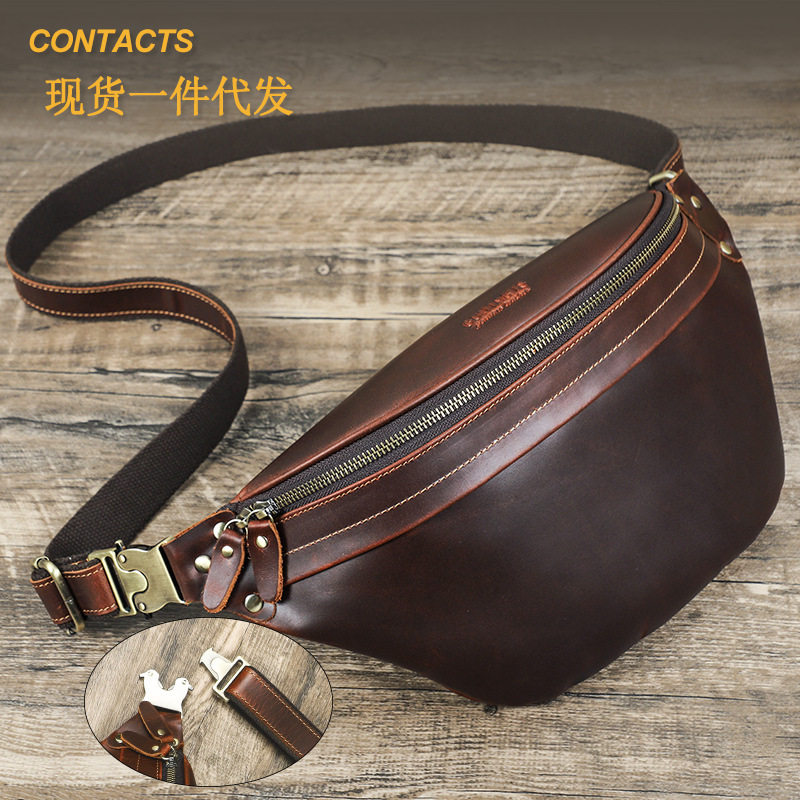 黑天使复古疯马牛皮大容量多功能腰包男款时尚真皮男士腰包手机包