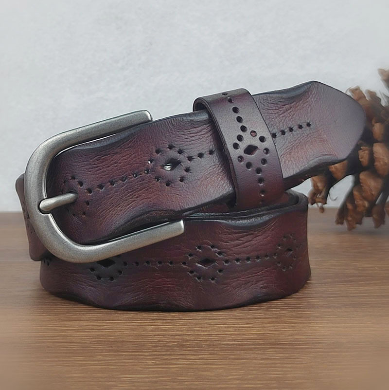 复古做旧头层牛皮针扣女士休闲皮带冲孔镂空时尚真皮腰带女裤腰带