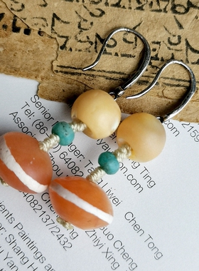 45575西亚千年镶蚀红玉髓线珠旁系天珠耳坠 古董珠宝文玩配饰原创