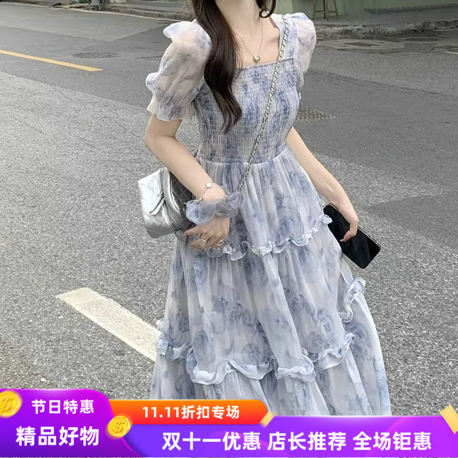 温柔风茶歇法式桔梗长裙2025夏季气质仙女超仙收腰方领碎花