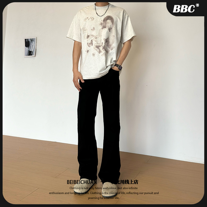 【BBC】黑色水洗做旧直筒微喇牛仔裤男生高街穿搭美式百搭款牛仔