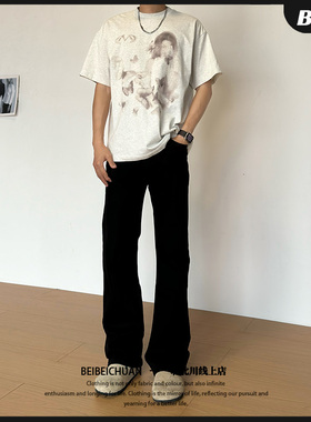 【BBC】黑色水洗做旧直筒微喇牛仔裤男生高街穿搭美式百搭款牛仔