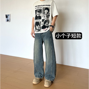 宽松阔型牛仔裤 BBC 弯刀裤 复古做旧明线秋冬季 小个子定制短款