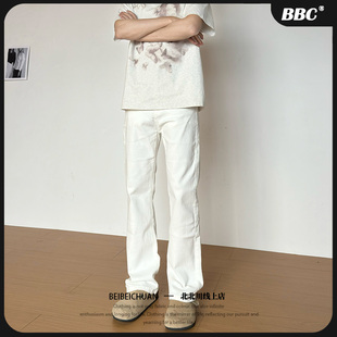 男生高街穿搭美式 白色水洗做旧直筒微喇牛仔裤 百搭牛仔 BBC