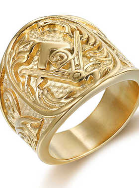 共济会男士戒指欧美流行嘻哈指环钛钢保色真空金色唱潮牌个性指环