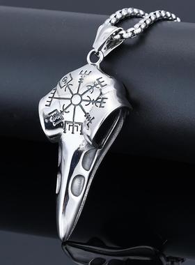 复古不锈钢男士吊坠维京乌鸦头指南针个性项链挂件北欧街头吊坠