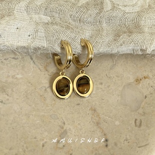 耳夹 摩登复古别致棕色虎眼石金属圆圈吊坠耳环 A.MU 是大地色系