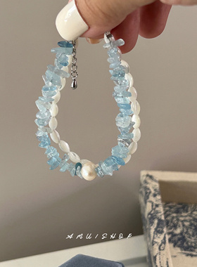 A.MU海岛日记~度假风蓝色系清新设计感双链条手链 海蓝宝串珠手饰