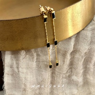 A.MU 黑色细长款耳饰~ 设计感低调百搭显脸小流苏耳环无耳洞耳夹