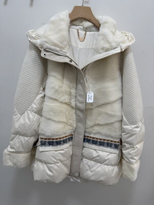 冬新款鹅绒水貂毛拼接羽绒服女中长款连帽整貂皮皮草加厚宽松外套