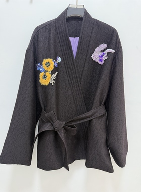 冬季新款系带珠片桑蚕丝豹纹提花蚕丝外套17618