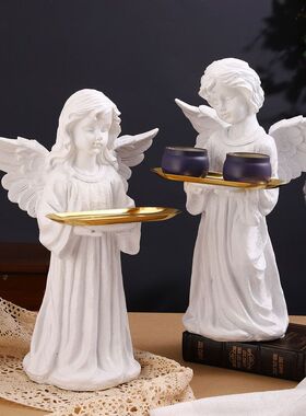 欧式复古天使落地摆件托盘客厅玄关钥匙创意桌面装饰品石膏像雕塑