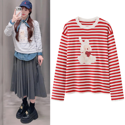 刘浩存条纹针织衫休闲T恤上衣女