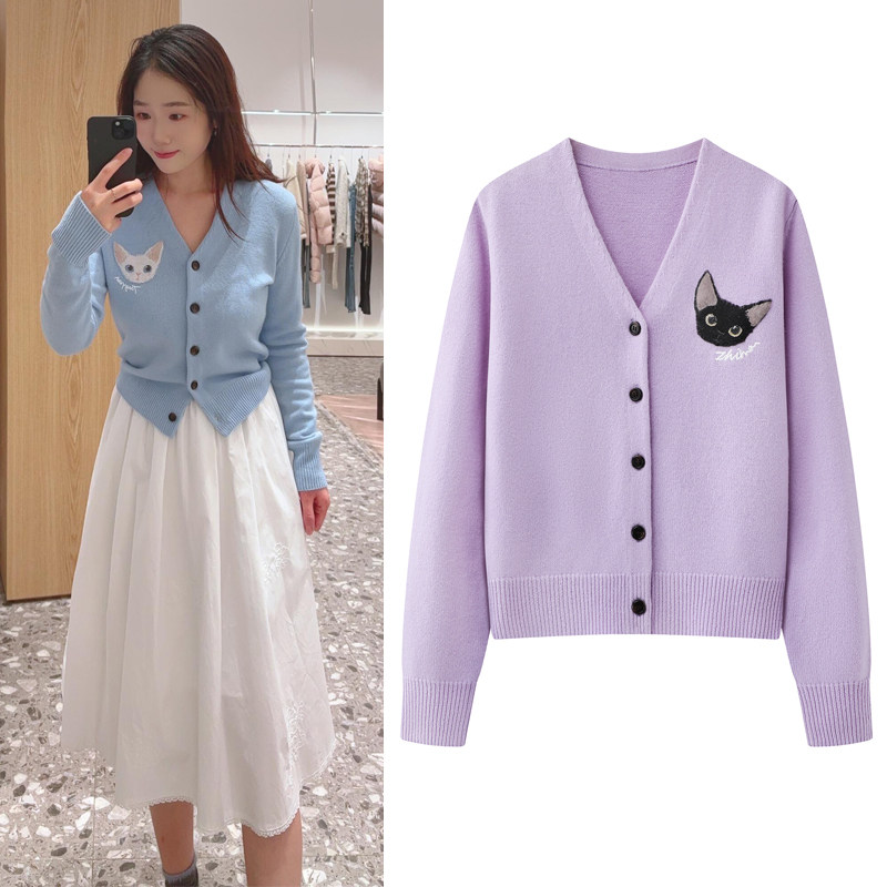 针织开衫2026年春季新款甜美减龄卡通猫咪图案刺绣V领长袖毛衣女
