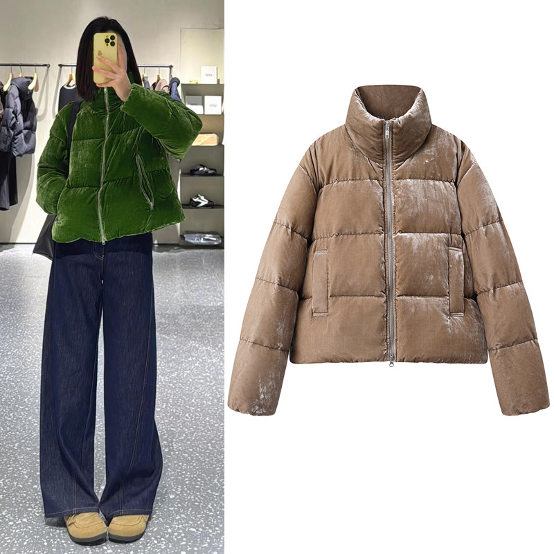 短款羽绒服2025冬季新品复古丝绒休闲立领保暖白鸭绒面包服外套女