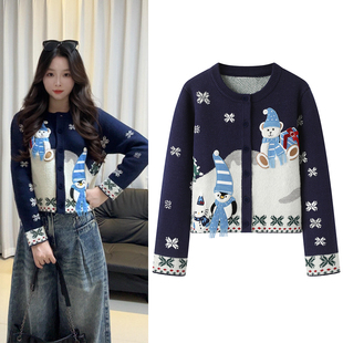 费圣诞复古雪景娃娃提花刺绣短款 新品 毛衣外套女 2025冬季 针织开衫