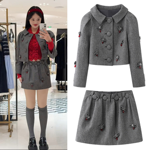 小香风套装2026春季新款miu系蝴蝶结花朵钉珠短外套花苞半身裙女