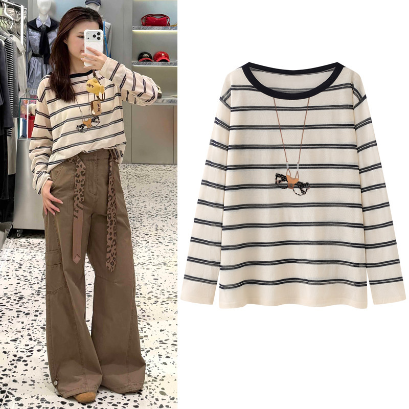 条纹针织衫2026春季新款趣味眼镜挂饰印花宽松薄款罩衫T恤上衣女